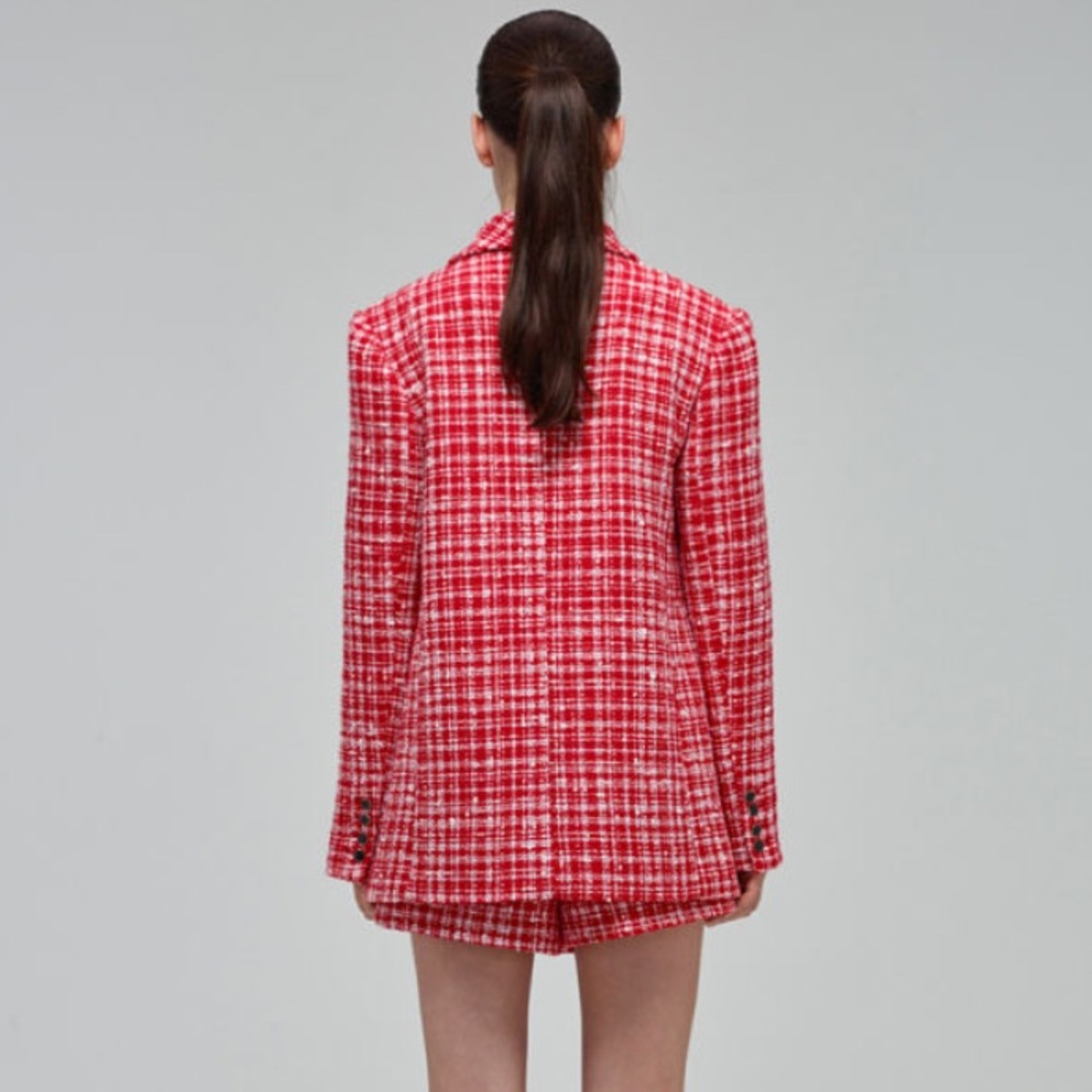 Self-Portrait boucle checked blazer red white tweed jacket Valentine’s Day ASO - Picture 14 of 16